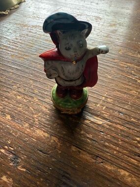 Limoges Porcelain Cat Figurine in Red, Green and Blue Hat